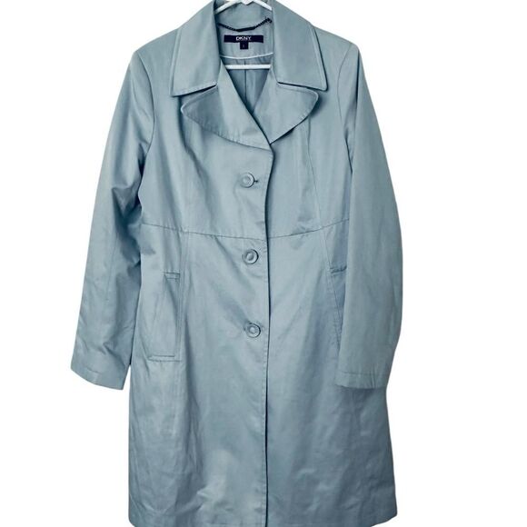 DKNY Pale Blue Single Breasted Trench Coat | Size L - Picture 7 of 10